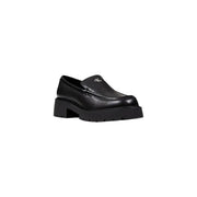 Calvin Klein Jeans women black wool slip on shoes featuring black leather loafers with chunky platform sole and subtle logo detailing