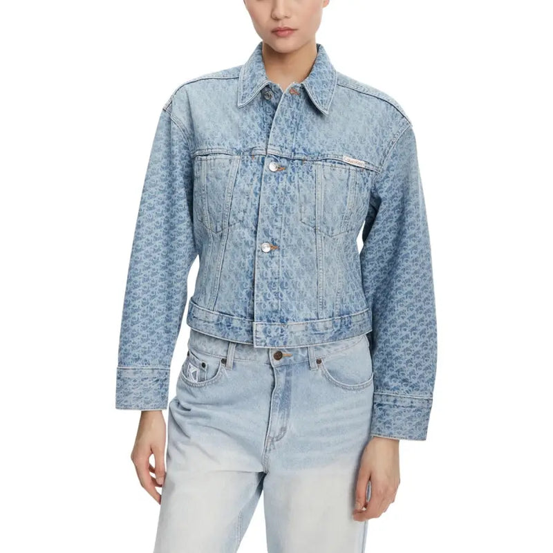 Calvin Klein Jeans women blue cotton blazer denim jacket with subtle leopard print and front pockets