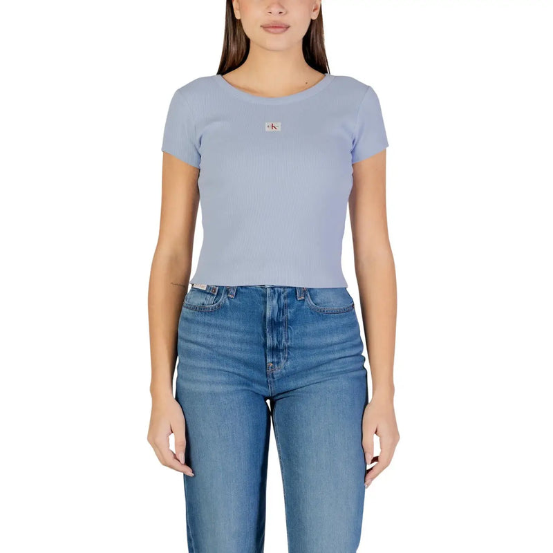Hellblaues Kurzarmhemd Calvin Klein Jeans Crop top mit dezentem Logo-Patch aus Baumwolle für Damen