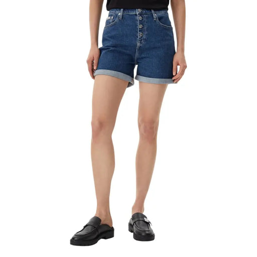 Calvin klein jeans women blue cotton shorts high-waisted denim with button-front closure and rolled cuffs