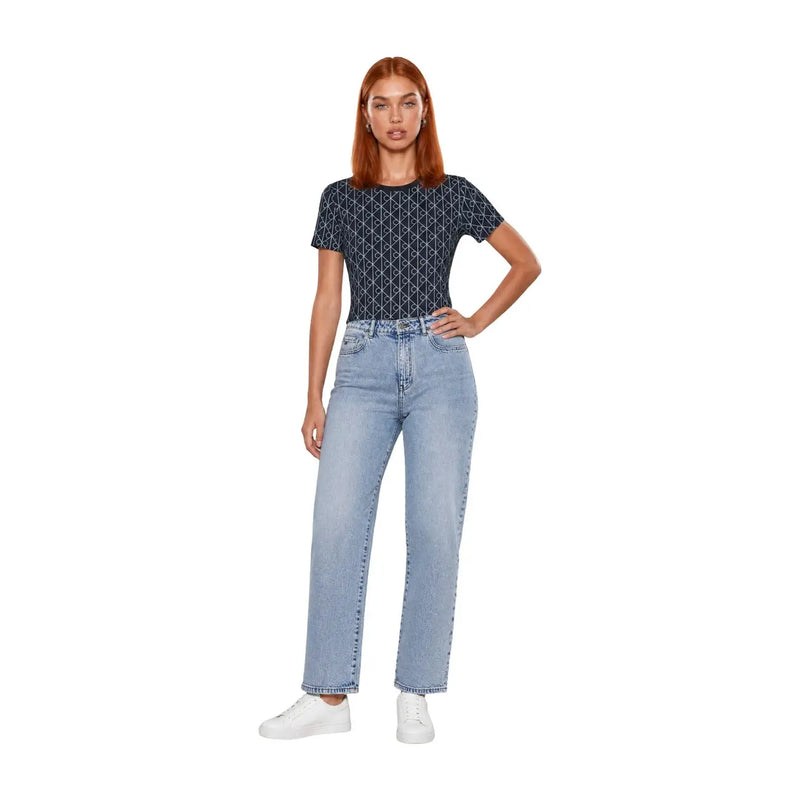 Light blue high-rise straight-leg denim jeans made of cotton paired with Calvin Klein geometric blue t shirt