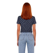 Navy blue Calvin Klein Jeans women cotton T shirt with white geometric pattern and short sleeves