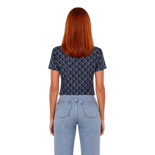 Marineblau Calvin Klein Jeans Damen-T-Shirt aus Baumwolle mit weißem geometrischem Muster und kurzen Ärmeln