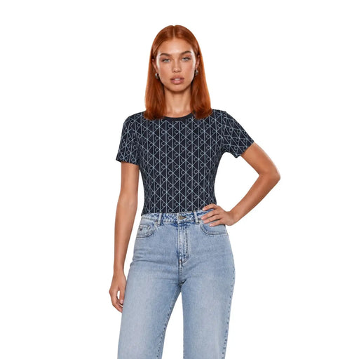 Marineblaues, kurzärmeliges T-Shirt aus Baumwolle mit geometrischem Muster für Damen von Calvin Klein Jeans