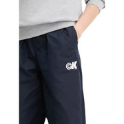 Calvin Klein Jeans women blue polyester trousers featuring dark navy athletic pants with white embroidered ck logo on thigh