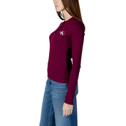 Calvin Klein Jeans Damen bordeaux Baumwoll-Langarmshirt top mit Rundhalsausschnitt und dezentem, gesticktem Logo auf der Brust