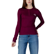 Damen Calvin Klein Jeans Bordeauxfarbenes langärmeliges Henley-Shirt aus Baumwolle top mit dezenter Bruststickerei