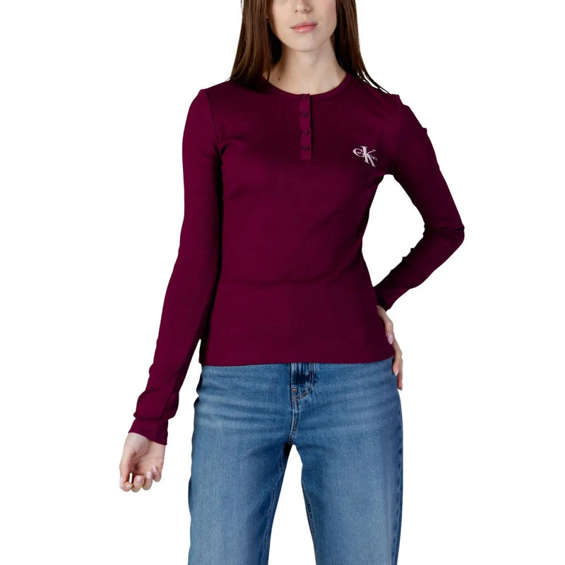 Damen Calvin Klein Jeans Bordeauxfarbenes langärmeliges Henley-Shirt aus Baumwolle top mit dezenter Bruststickerei
