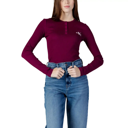 Calvin Klein Jeans Damen bordeaux Baumwoll-Henley-Shirt mit langen Ärmeln top mit Knopfleiste und gesticktem Logo