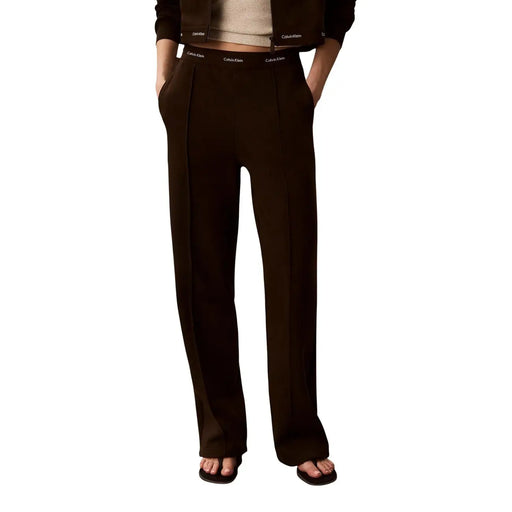Calvin Klein Jeans Braune Damen-Baumwollhose mit weitem Bein, elegantem, geradem Schnitt und gesticktem Logo am Bund
