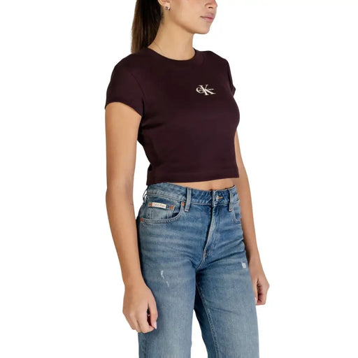 Calvin Klein womens brown long sleeve cotton t-shirt with burgundy crop and white logo