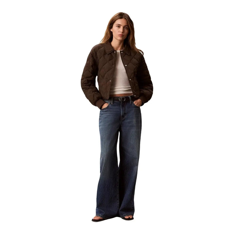 Braune gesteppte Nylonjacke für Damen von Calvin Klein Jeans mit klassischem Kragen und Knopfverschluss