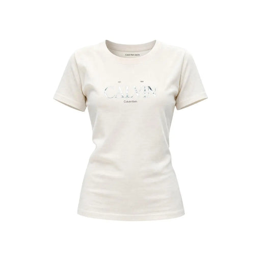 Cream-colored Calvin Klein Jeans women cotton round neck t shirt with silver metallic Calvin logo and smaller text below