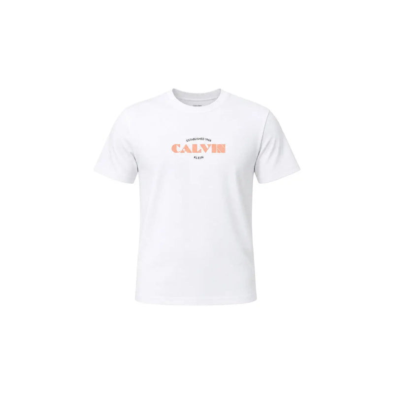 Weiß Calvin Klein Jeans Damen-Baumwoll-T-Shirt mit kurzen Ärmeln und dem pfirsichfarbenen „Established 1988“-Logo auf der Brust