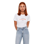 Weißes Calvin Klein Jeans Damen-Baumwoll-Kurzarmshirt mit Pfirsich-Logo und dem Aufdruck „Gründung 1969“ auf der Vorderseite