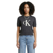 Calvin Klein Jeans grauer, kurzärmeliger Baumwollstrickpullover für Damen top mit weißem CK-Logo