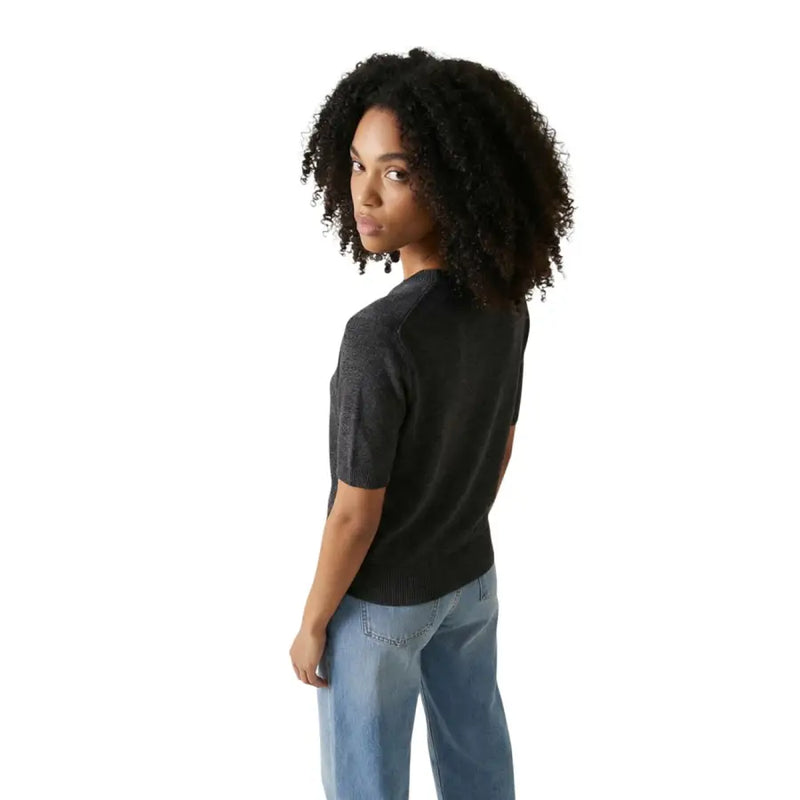 Calvin klein jeans women black cotton knit short sleeve top with textured shoulder panels for casual wear