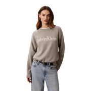 Calvin Klein Jeans Grauer Damen-Strickpullover aus Baumwolle mit weißem, gesticktem Logo auf der Brust