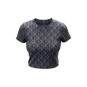 Calvin Klein Jeans Graues Damen-T-Shirt aus Baumwolle mit Rundhalsausschnitt, kurzen Ärmeln und silbernem geometrischem Logo-Muster