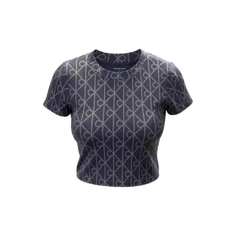 Calvin Klein Jeans Graues Damen-T-Shirt aus Baumwolle mit Rundhalsausschnitt, kurzen Ärmeln und silbernem geometrischem Logo-Muster