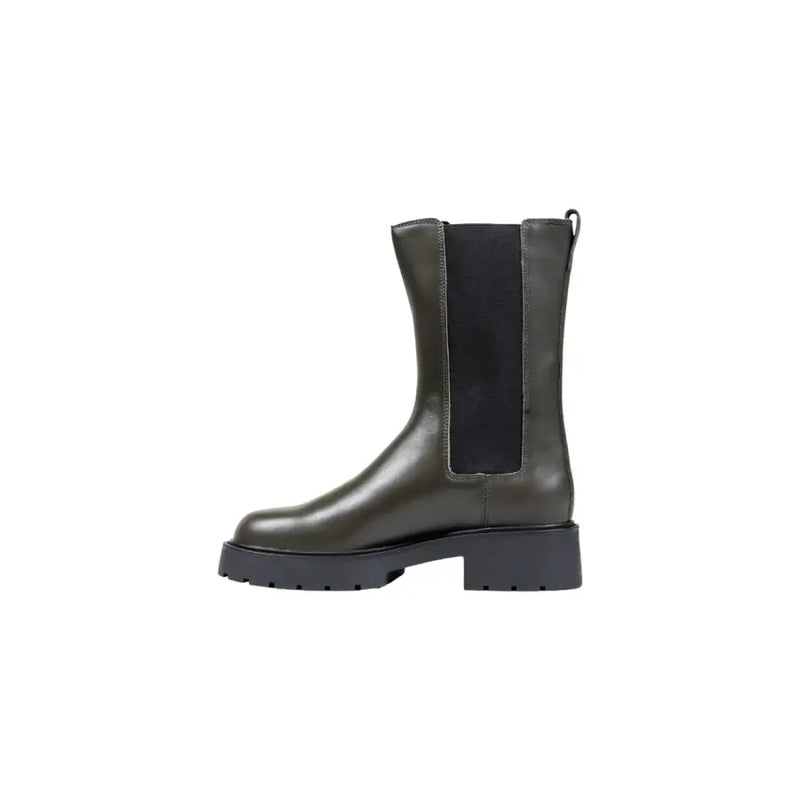 Calvin Klein Jeans women grey leather ankle boots with dark olive green leather chelsea design and chunky rubber sole