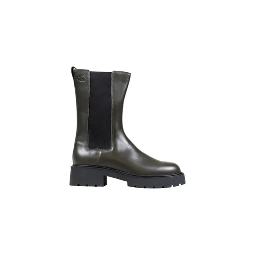 Calvin Klein Jeans women grey leather ankle boots with dark olive green leather chelsea design and chunky rubber sole