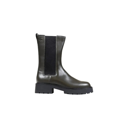 Calvin Klein Jeans women grey leather ankle boots with dark olive green leather chelsea design and chunky rubber sole