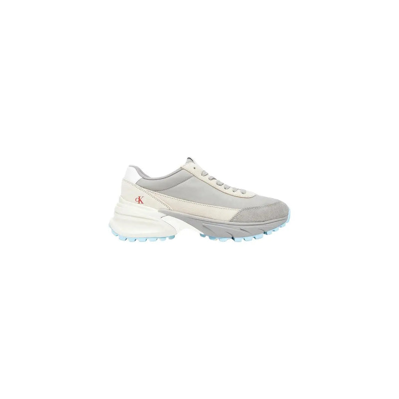 Calvin Klein Jeans women grey leather chunky sneakers with white accents and a red logo on the side