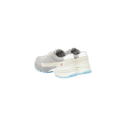 Calvin Klein Jeans women grey leather chunky sneakers with white accents and a light blue sole featuring logo on side