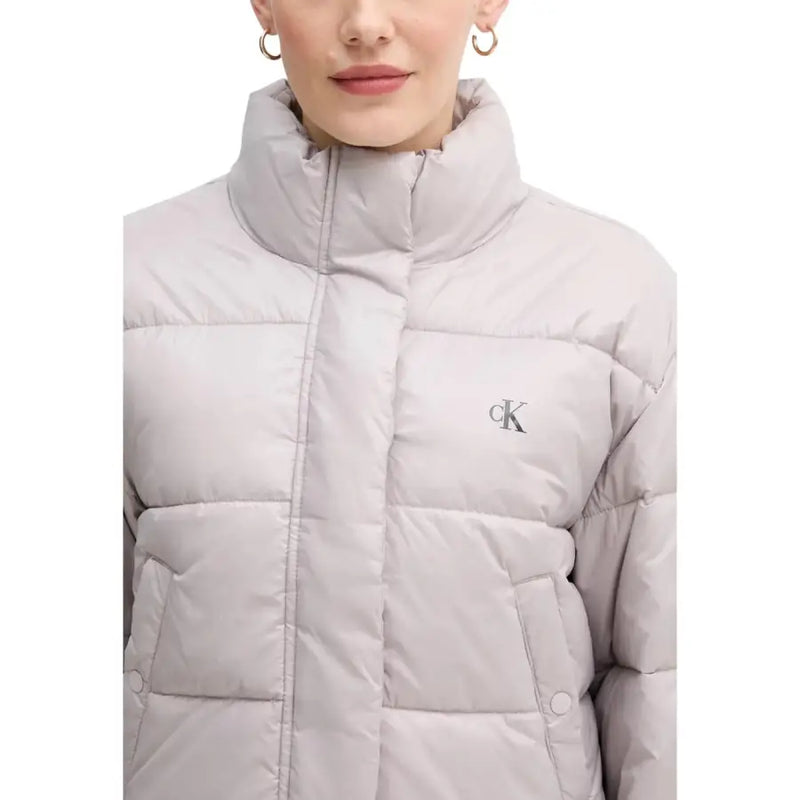 Calvin Klein Jeans women grey polyamide quilted puffer jacket with high collar and subtle CK logo embroidery