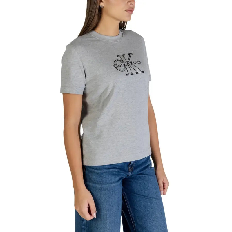 Gray Calvin Klein womens cotton t-shirt with black CK logo embroidery