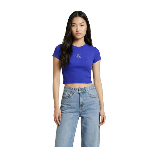 Vibrant royal blue cropped cotton t-shirt with subtle white Calvin Klein logo on chest, Calvin Klein Jeans women lilac round neck