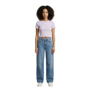 Calvin Klein Jeans Damen-Baumwoll-Crop-Shirt in Lila mit Rundhalsausschnitt und kleinem, gesticktem Logo auf der Brust
