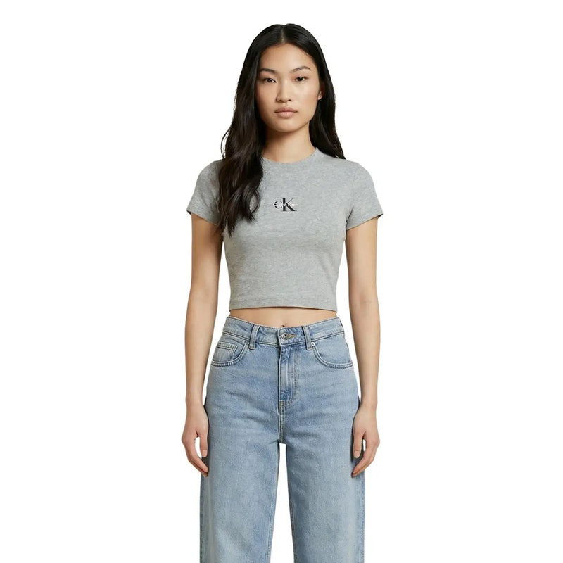 Graues, kurzes Baumwoll-T-Shirt mit kleinen schwarzen Details Calvin Klein Logo auf der Brust für Damen von Calvin Klein Jeans