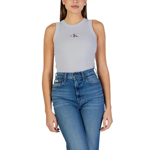 Hellgraues, ärmelloses Baumwoll-Tanktop top mit kleinen Stickereien Calvin Klein Logo auf der Brust für Damen von Calvin Klein Jeans