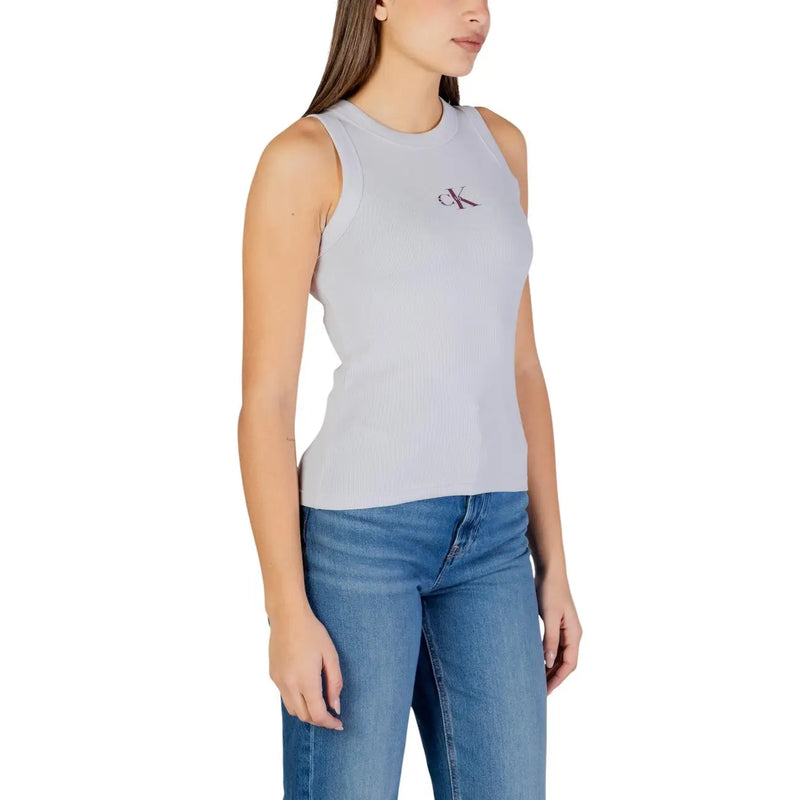 Hellgraues, ärmelloses Baumwoll-Tanktop top mit gerippter Textur und burgunderrot Calvin Klein Logo auf der linken Brust