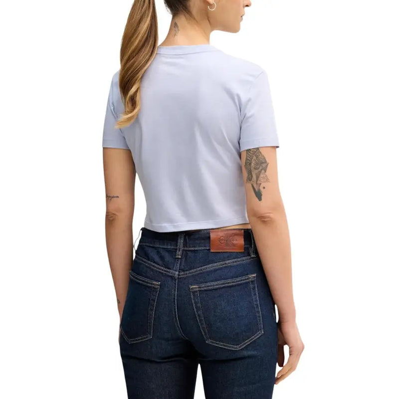 Calvin Klein Jeans women lilac print light blue cropped cotton t-shirt with short sleeves and round neckline
