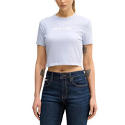 Light blue cropped cotton t-shirt for women with white lettering across the chest by Calvin Klein Jeans Lilac Print