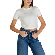 Calvin Klein Jeans Damen-Baumwollstoff mit Fliederprint t-shirt mit hellblauem Logo