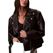 Black faux leather moto jacket with silver hardware from Calvin Klein Jeans Women Long Black Zip Blazer collection