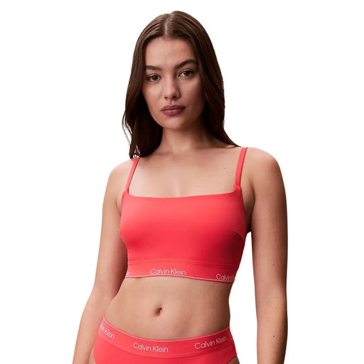 Korallenrosa Calvin Klein Kurzes Bralette mit dünnen Trägern und weißem Logo-Bund für Damen-Strandbekleidung