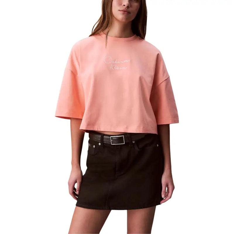 Calvin Klein Jeans womens orange cotton cropped t-shirt with embroidered logo