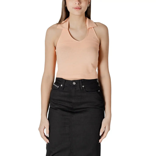 Calvin Klein Jeans women orange v neck cotton top with halter neck collar and subtle ribbed texture