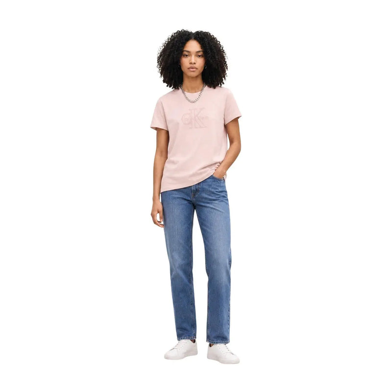 Calvin Klein Jeans Rosa Damen-T-Shirt aus Baumwolle mit kurzen Ärmeln und dezentem, gesticktem Logo auf der Brust