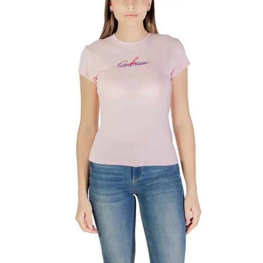 Calvin Klein Jeans women pink short sleeve t-shirt with red and blue embroidered logo on the chest