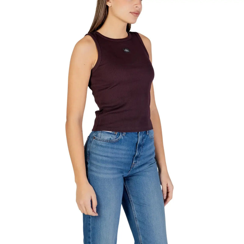 Calvin Klein Jeans ärmelloses braunes Damen-Top top aus Baumwoll-Elastan in einem dunklen Burgunderrot mit dezentem, gesticktem Logo