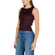 Calvin Klein Jeans Damen ärmellos top Brauner, dunkelburgunderfarbener, gerippter Strickpullover aus Baumwolle und Elastan mit gesticktem Logo