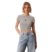 Calvin Klein Jeans Damen gestreiftes, kurzes Oberteil mit Rundhalsausschnitt t-shirt in Schwarz-Weiß mit kleinem CK-Logo auf der Brust