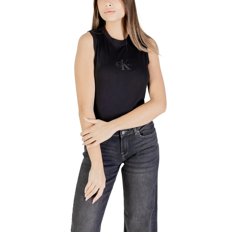 Schwarzes ärmelloses Calvin Klein Jeans Damen Tanktop top Aus Baumwolle, mit Rundhalsausschnitt und dezentem, gesticktem Logo auf der Brust