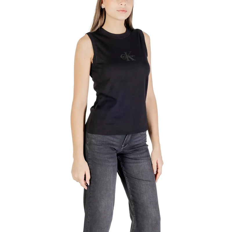 Calvin Klein Jeans Frauenpanzer top Schwarzes, ärmelloses Baumwollshirt mit Rundhalsausschnitt und dezentem, gesticktem Logo auf der Brust